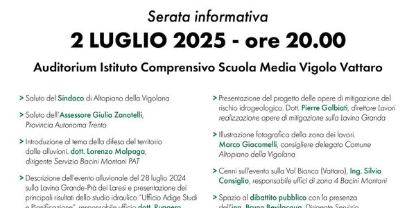 Immagine decorativa per il contenuto Un incontro pubblico per illustrare i  lavori di mitigazione del rischio alluvionale sul rio Lavina Grande (Altopiano della Vigolana)