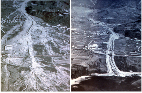 Strigno, torrente Chieppena: a sinistra, gli effetti dell'alluvione del 1966. A destra, la sistemazione del corso d'acqua a valle dell'evento.